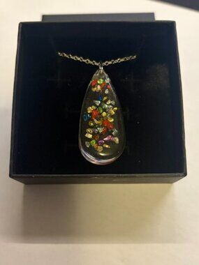 Handcrafted Rainbow Confetti Resin Teardrop Pendant Necklace
